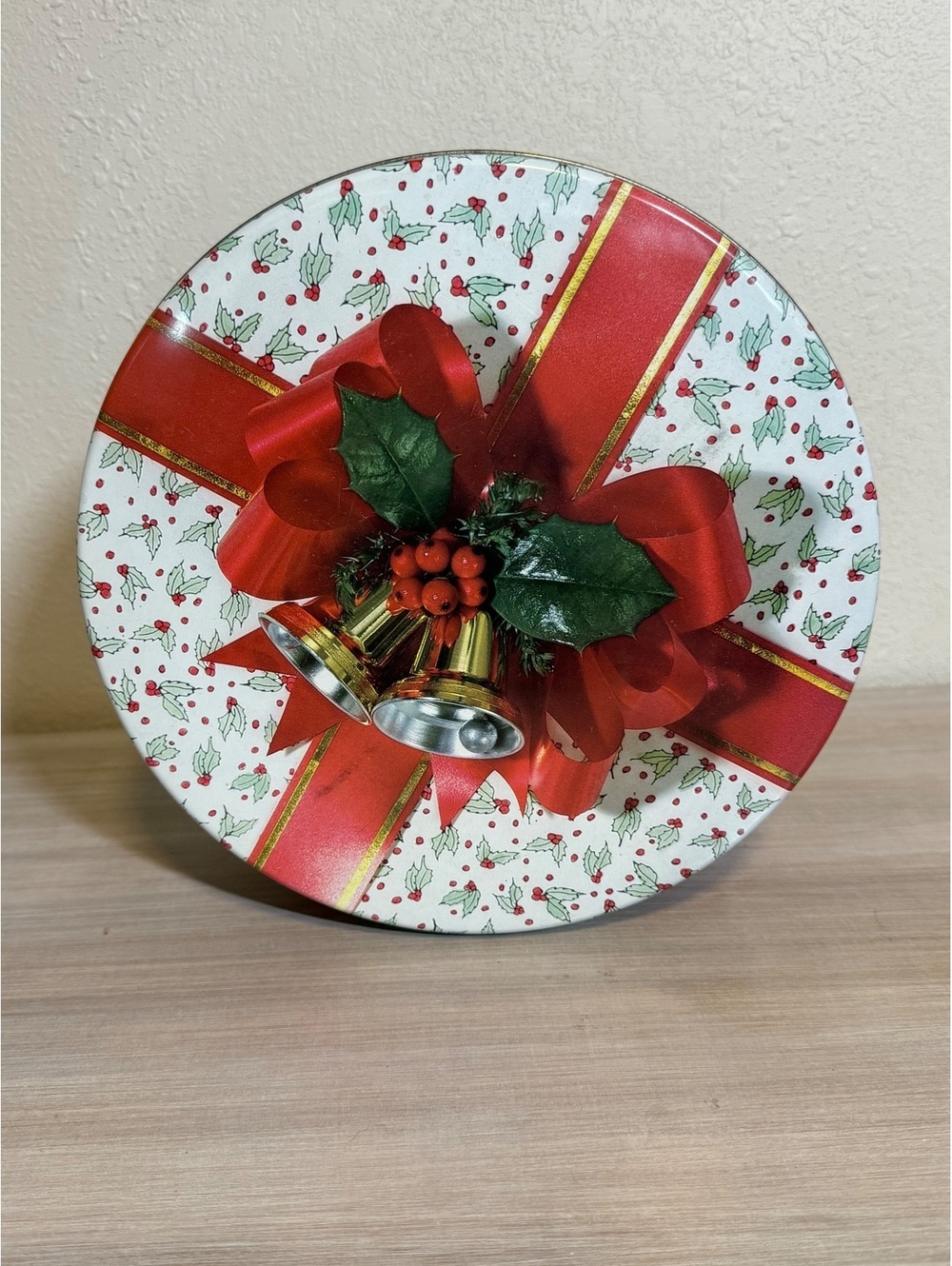 Christmas Round Metal Tin Red Bow Bells Holly Berries Holiday Storage